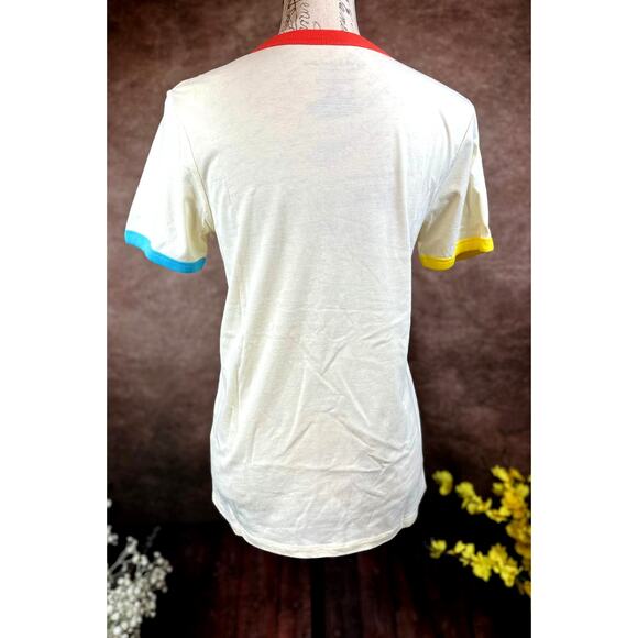 Friends Rainbow T-shirt Beige with Multicolor Neck and Cuffs M - Picture 7 of 8